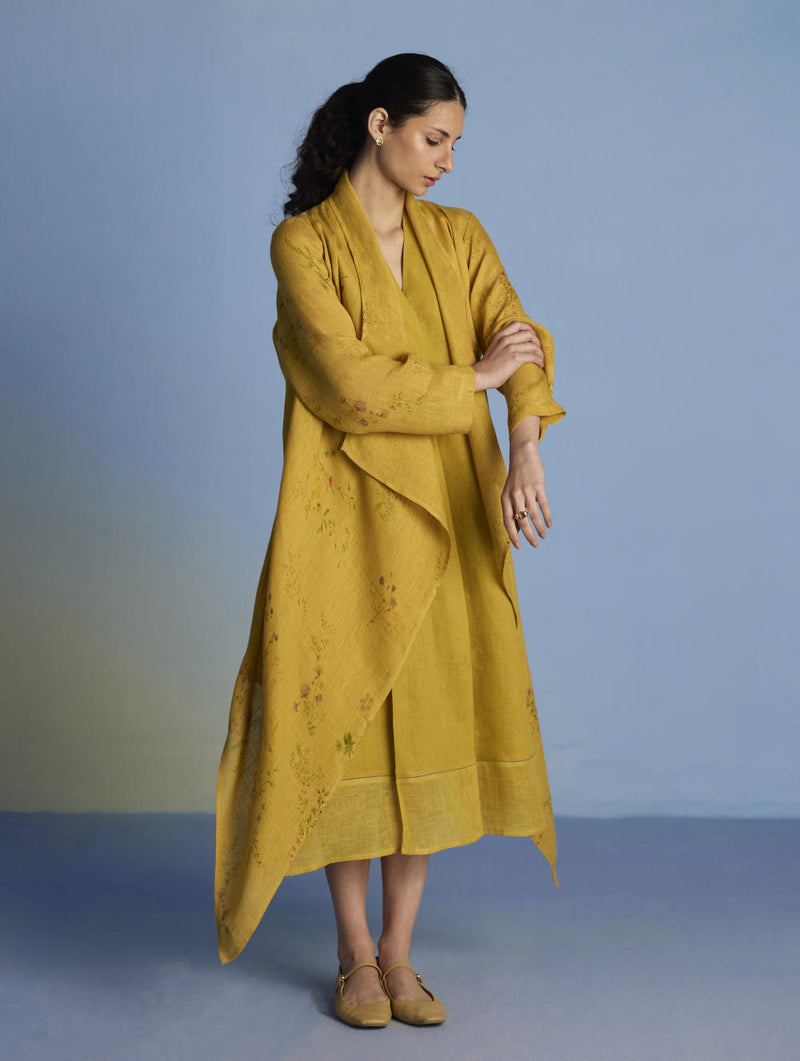 Ita Pleated Linen Dress and Overlay - Ochre linen by Manan for women in Singapore