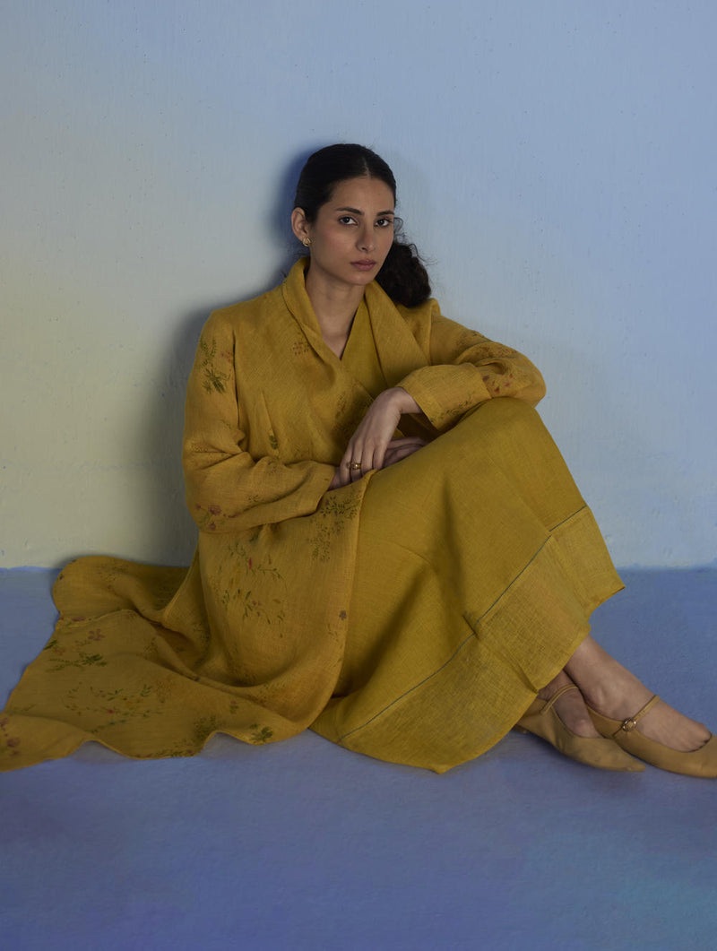 Ita Pleated Linen Dress and Overlay - Ochre linen by Manan for women in Singapore