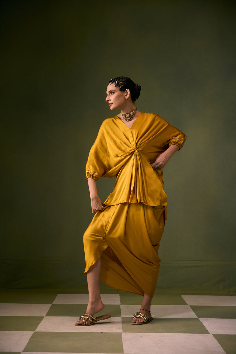 Moro Toga Drape Dress vegan satin, organza satin sarees by PRAHNAAYA in musturd yellow for women in Singapore