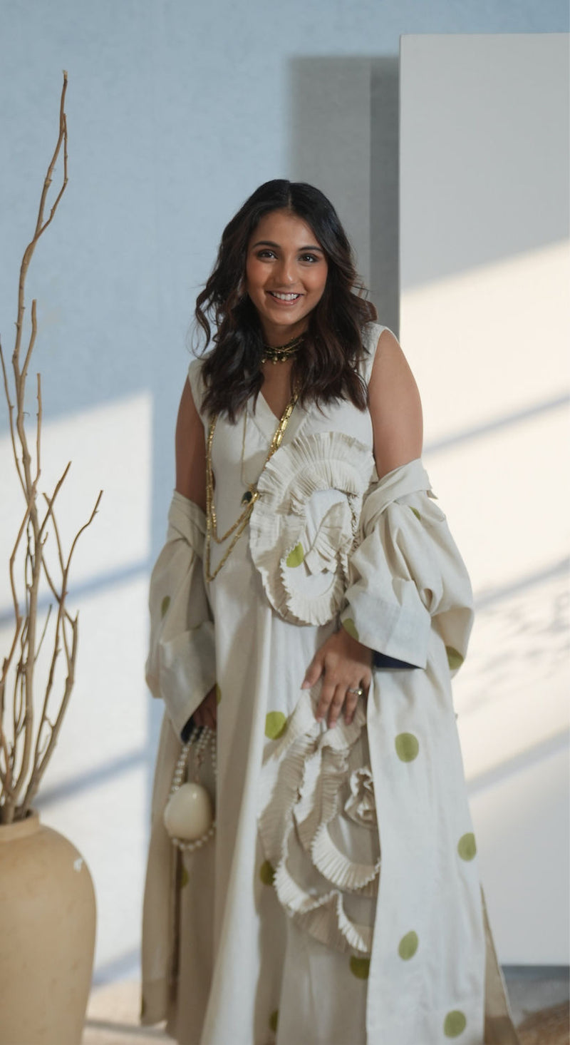 Daffodil Dress-Natural + Sage handwoven cotton dress by Stoique in natural, sage for women in Singapore