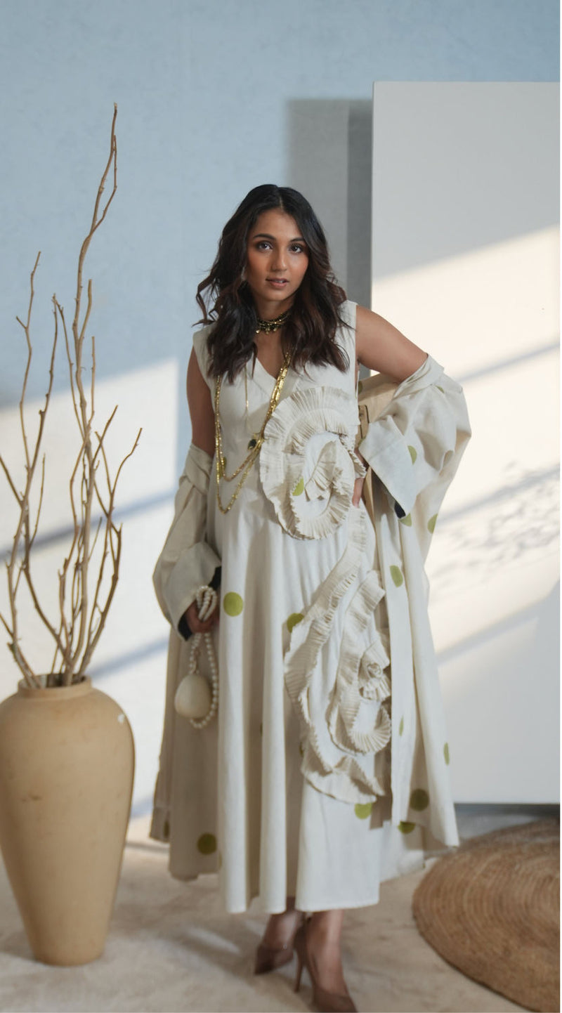 Daffodil Dress-Natural + Sage handwoven cotton dress by Stoique in natural, sage for women in Singapore