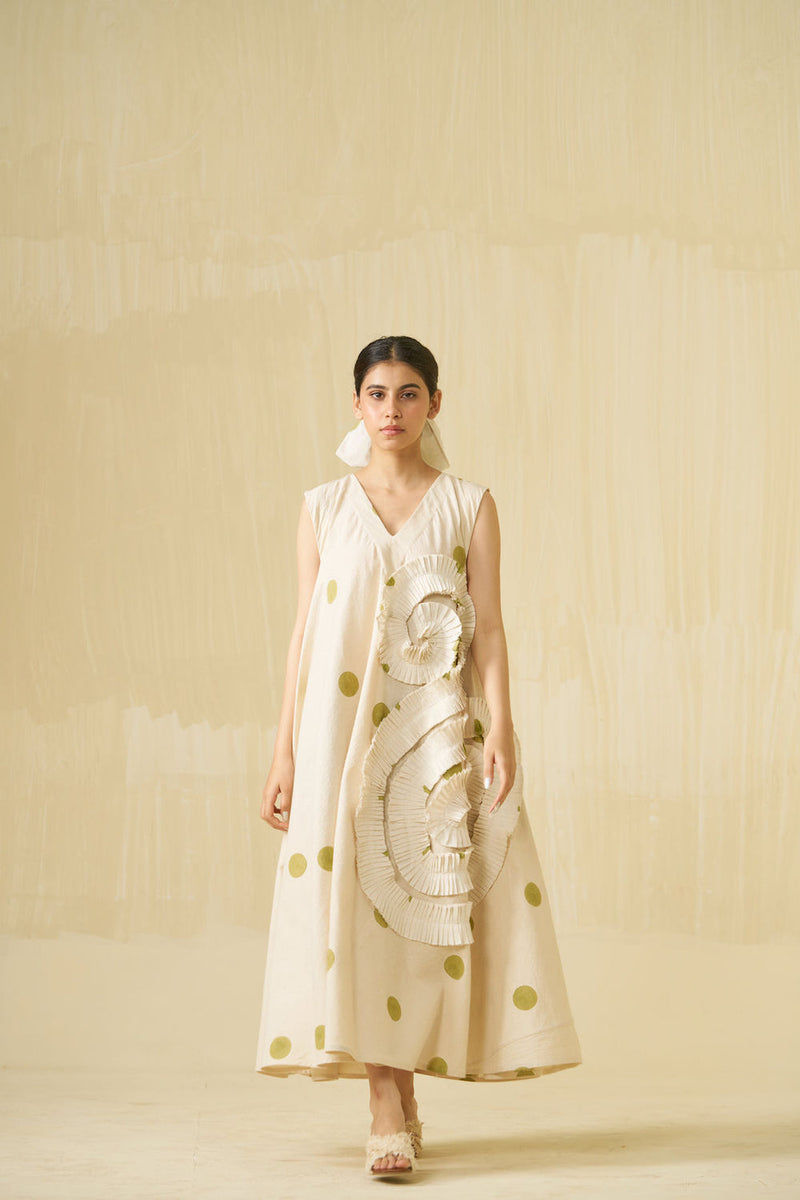 Daffodil Dress-Natural + Sage handwoven cotton dress by Stoique in natural, sage for women in Singapore