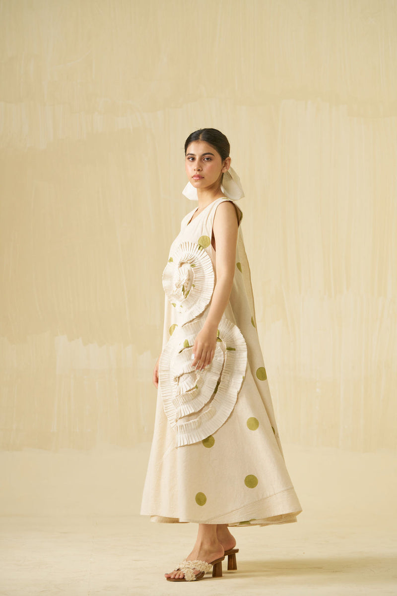 Daffodil Dress-Natural + Sage handwoven cotton dress by Stoique in natural, sage for women in Singapore
