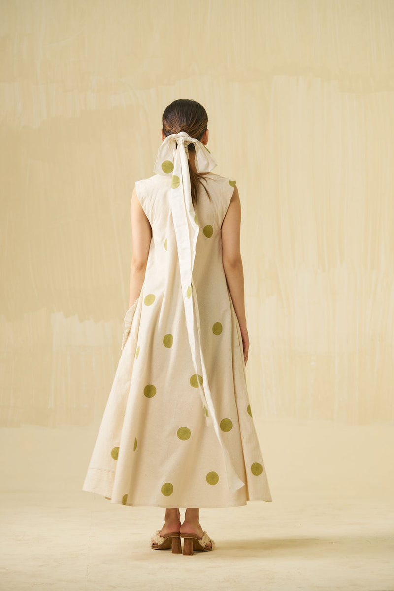 Daffodil Dress-Natural + Sage handwoven cotton dress by Stoique in natural, sage for women in Singapore