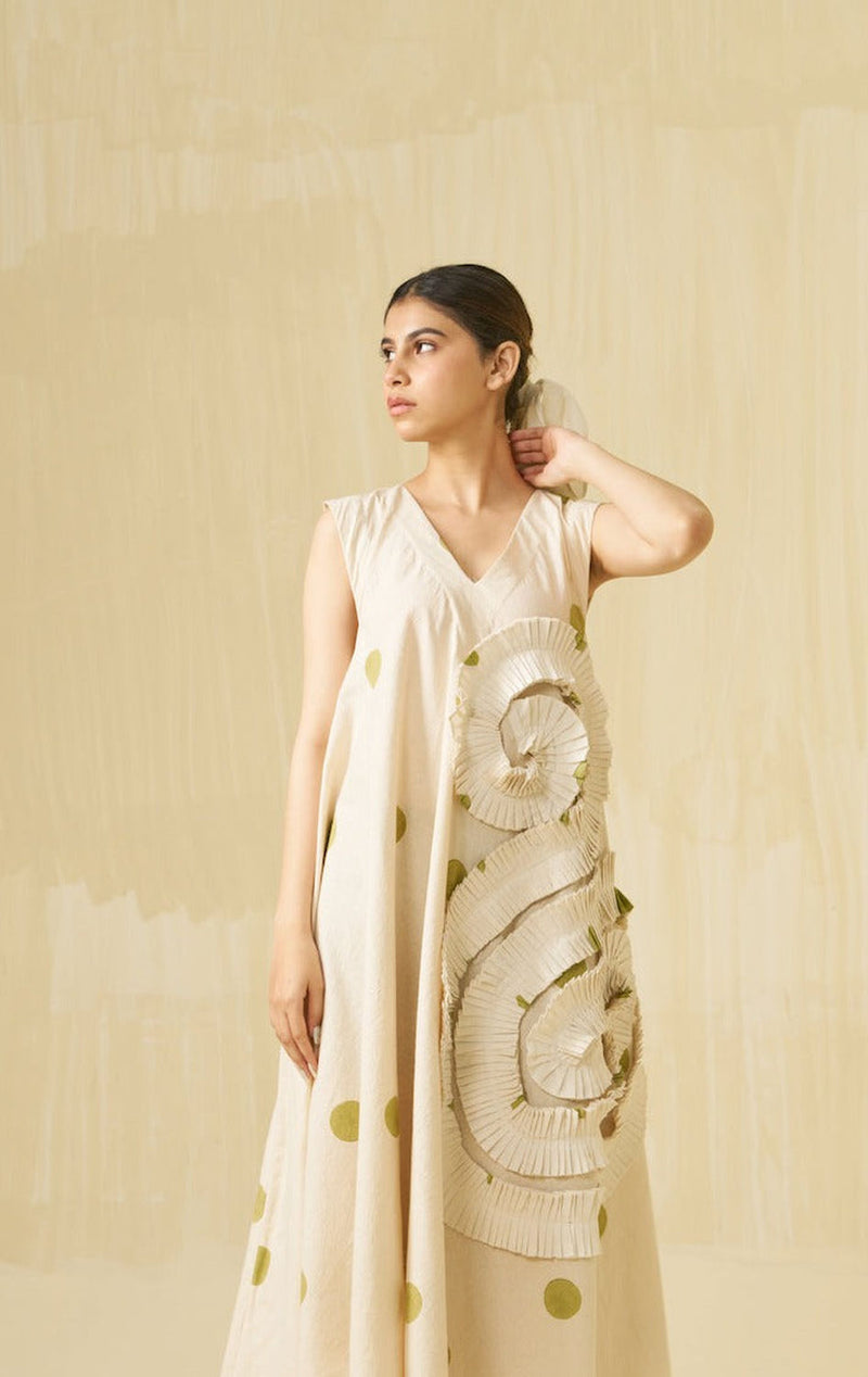 Daffodil Dress-Natural + Sage handwoven cotton dress by Stoique in natural, sage for women in Singapore