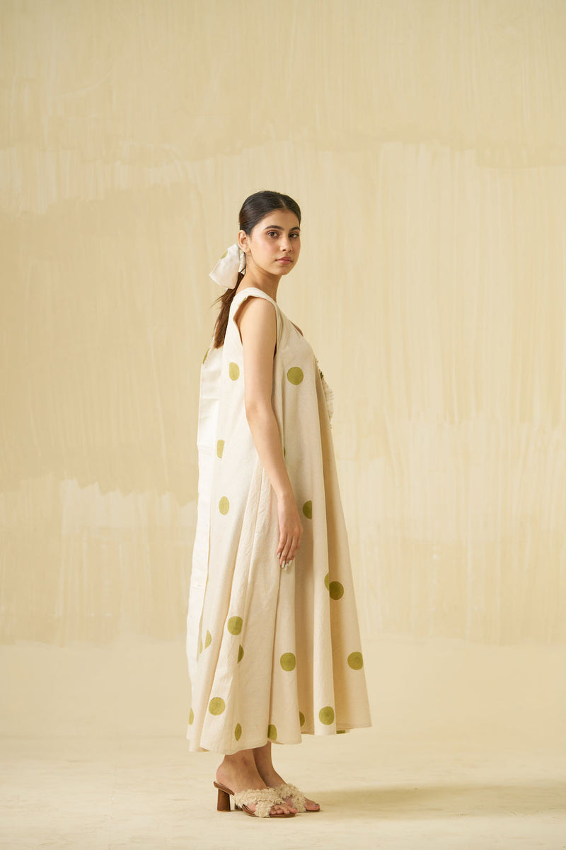 Daffodil Dress-Natural + Sage handwoven cotton dress by Stoique in natural, sage for women in Singapore