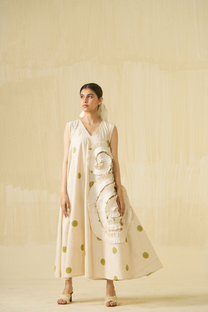 Daffodil Dress-Natural + Sage handwoven cotton dress by Stoique in natural, sage for women in Singapore