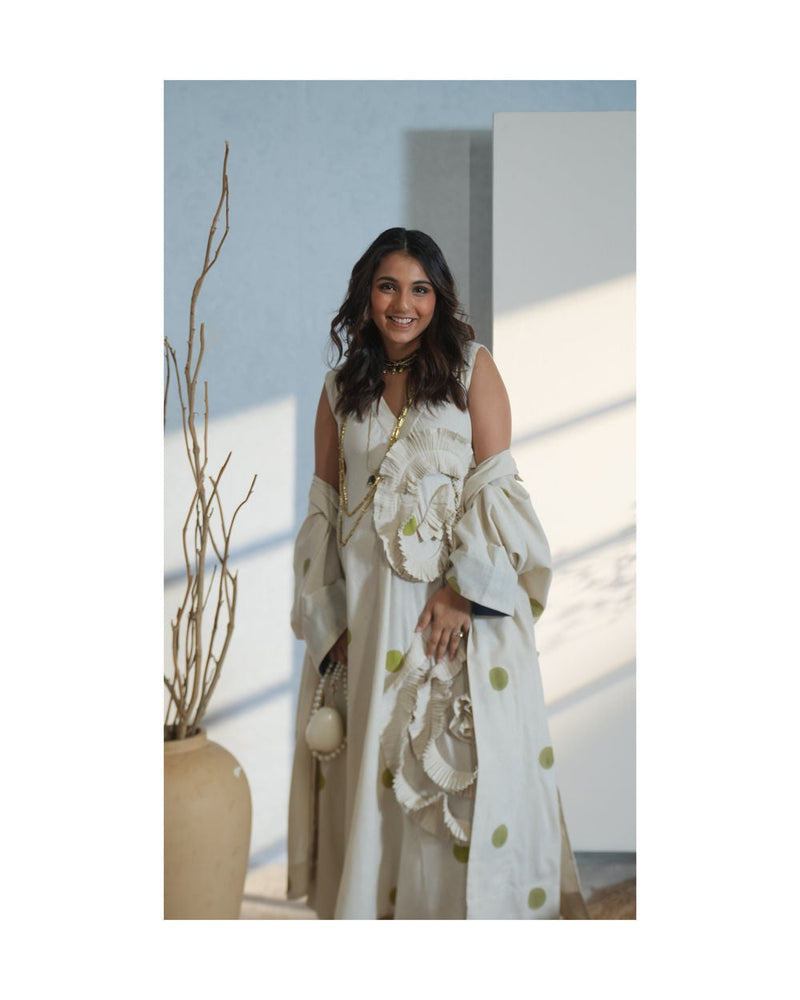 Daffodil Dress-Natural + Sage handwoven cotton dress by Stoique in natural, sage for women in Singapore