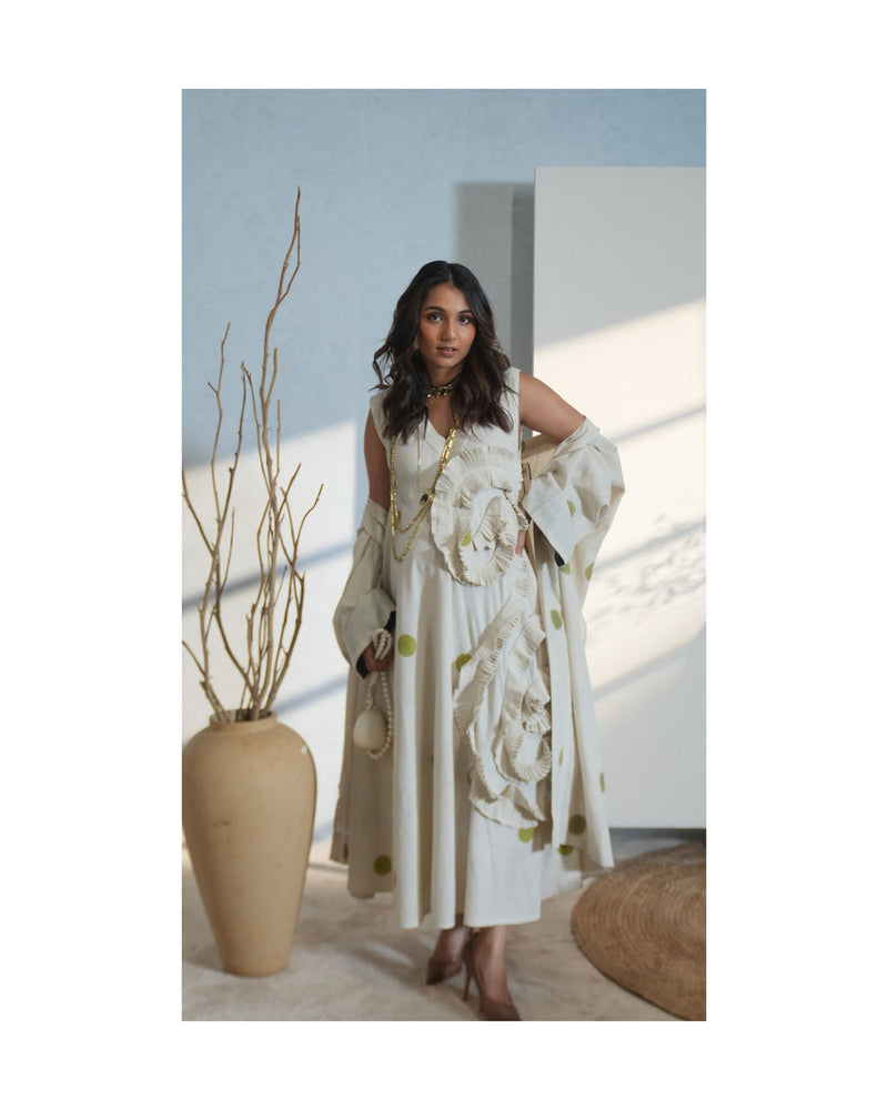 Daffodil Dress-Natural + Sage handwoven cotton dress by Stoique in natural, sage for women in Singapore