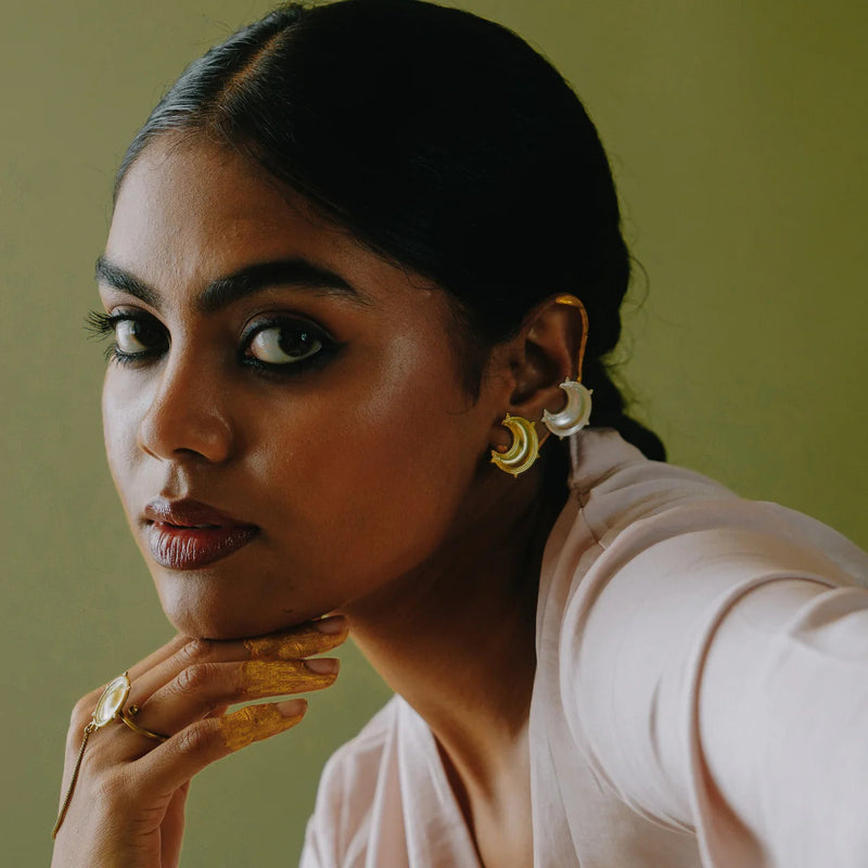 Dichotomy Sun and Moon Studs brass earring by Surmeyi for women in Singapore