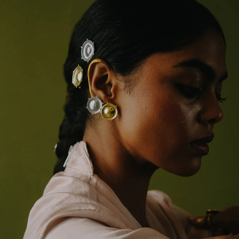 Dichotomy Sun and Moon Studs brass earring by Surmeyi for women in Singapore