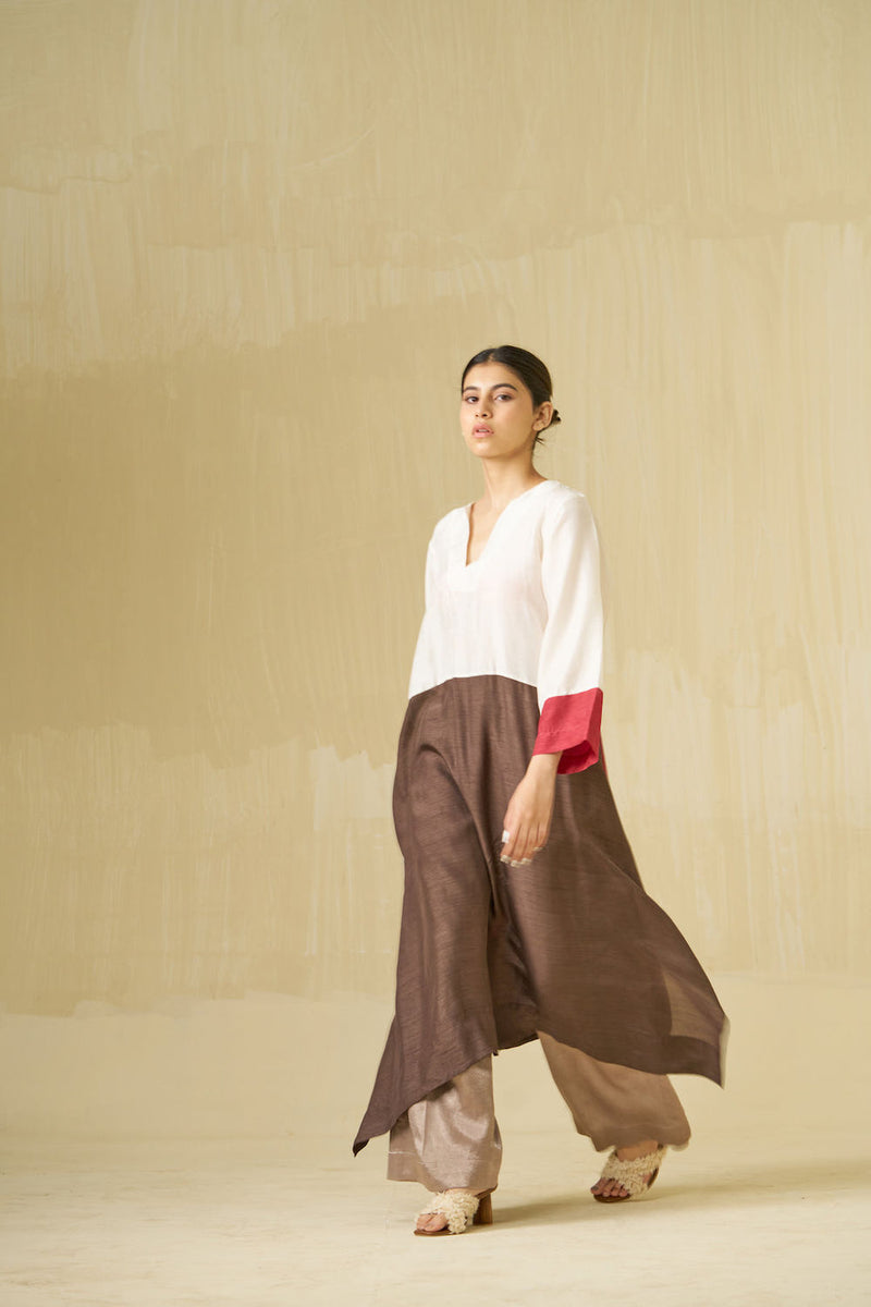 Dove Tunic-Ivory + Hibiscus + Cocoa mysore silk tunics and kaftans by Stoique in ivory, hibiscus, cocoa for women in Singapore