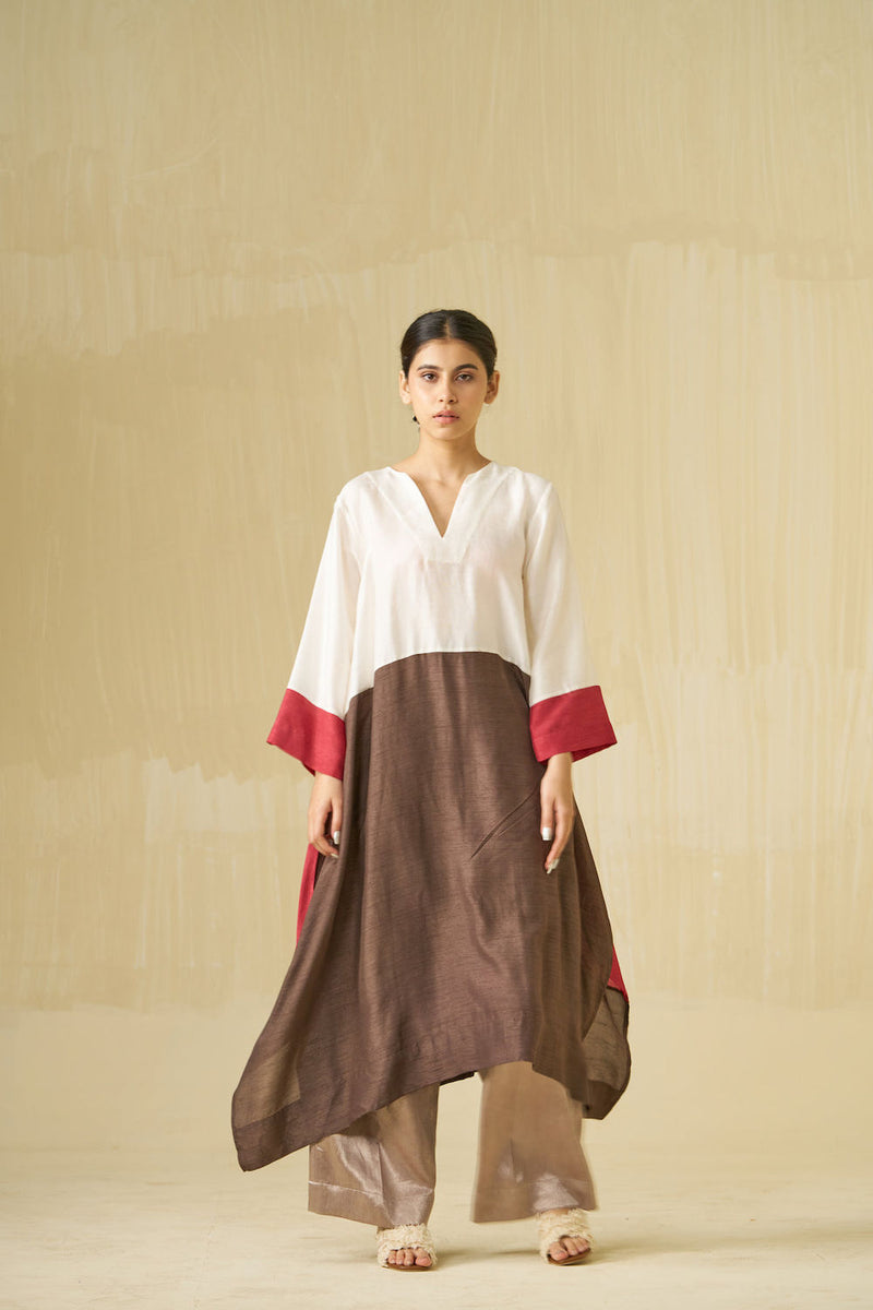 Dove Tunic-Ivory + Hibiscus + Cocoa mysore silk tunics and kaftans by Stoique in ivory, hibiscus, cocoa for women in Singapore