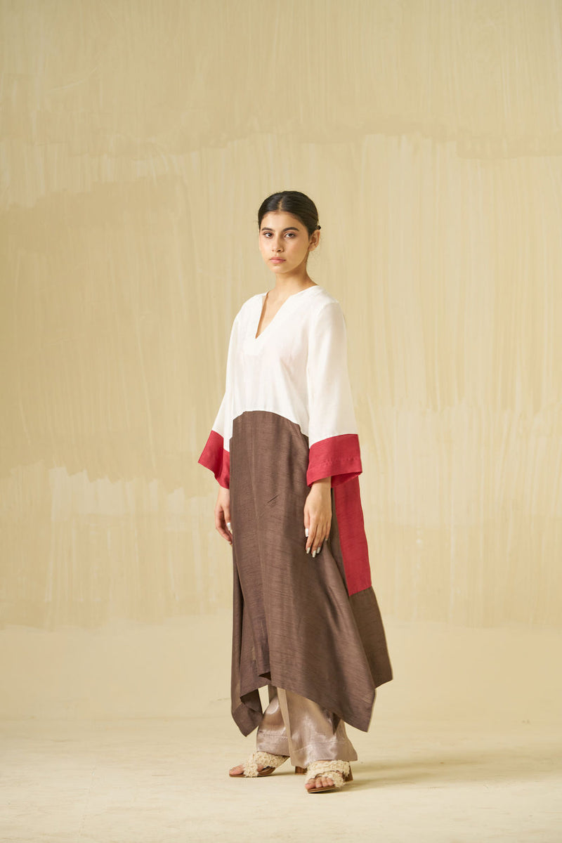 Dove Tunic-Ivory + Hibiscus + Cocoa mysore silk tunics and kaftans by Stoique in ivory, hibiscus, cocoa for women in Singapore
