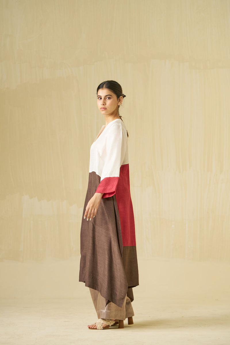 Dove Tunic-Ivory + Hibiscus + Cocoa mysore silk tunics and kaftans by Stoique in ivory, hibiscus, cocoa for women in Singapore