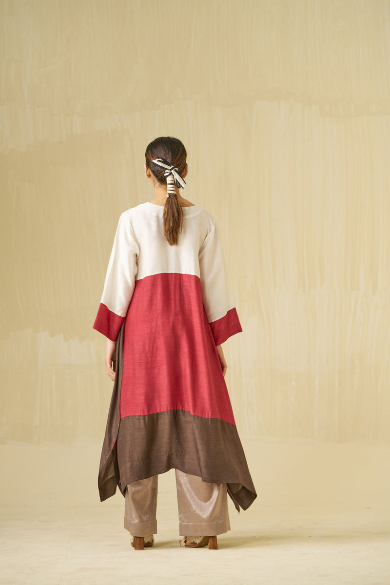Dove Tunic-Ivory + Hibiscus + Cocoa mysore silk tunics and kaftans by Stoique in ivory, hibiscus, cocoa for women in Singapore