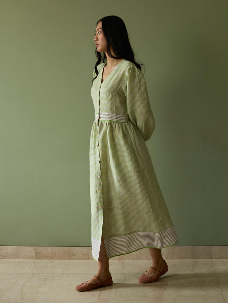 Liana Stripe Linen Dress-Meadow linen by Manan in green color for women in Singapore