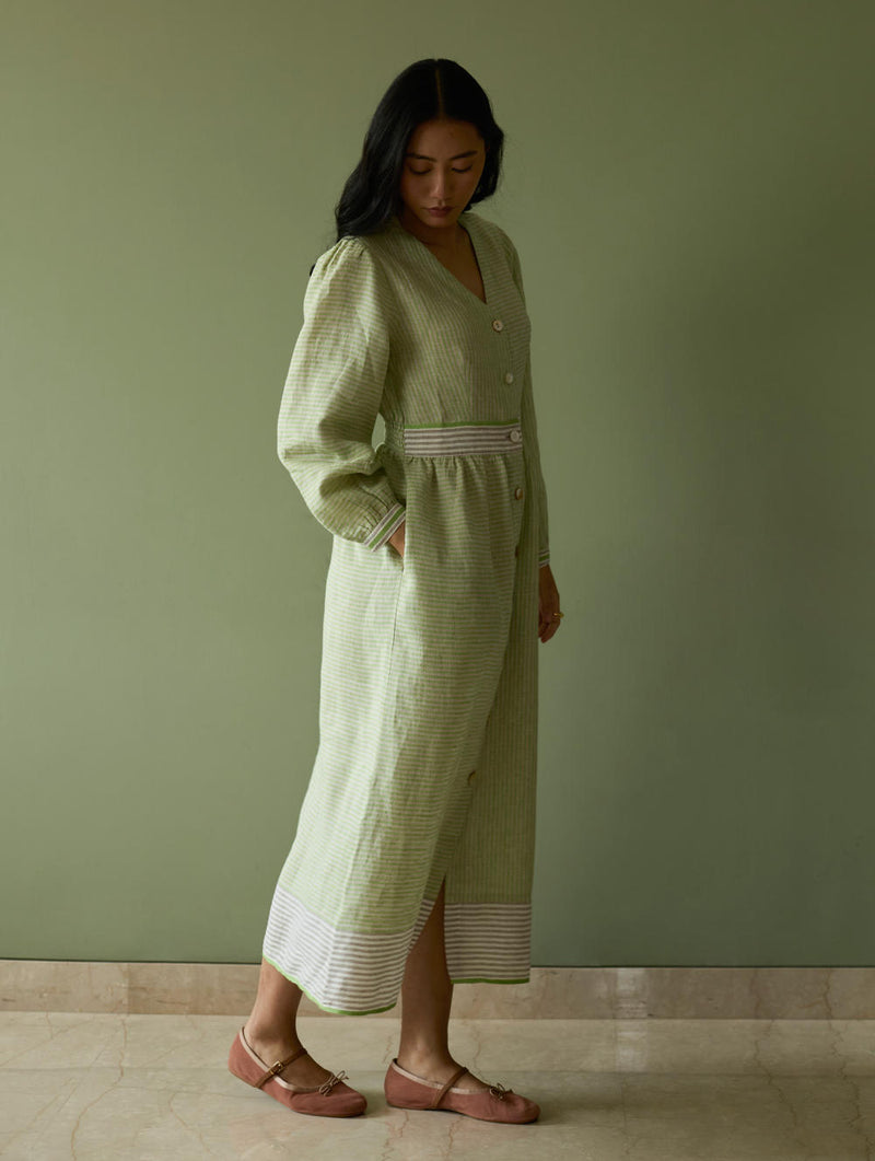 Liana Stripe Linen Dress-Meadow linen by Manan in green color for women in Singapore