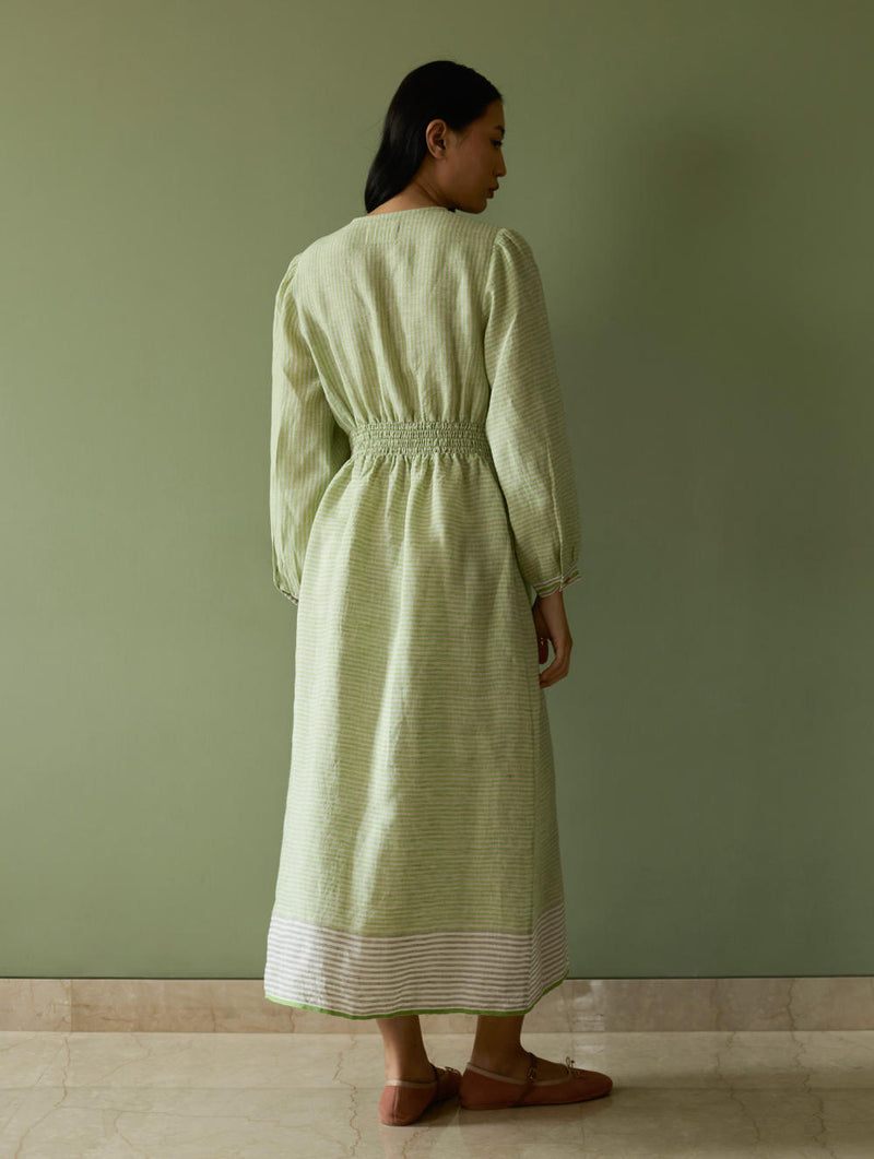 Liana Stripe Linen Dress-Meadow linen by Manan in green color for women in Singapore