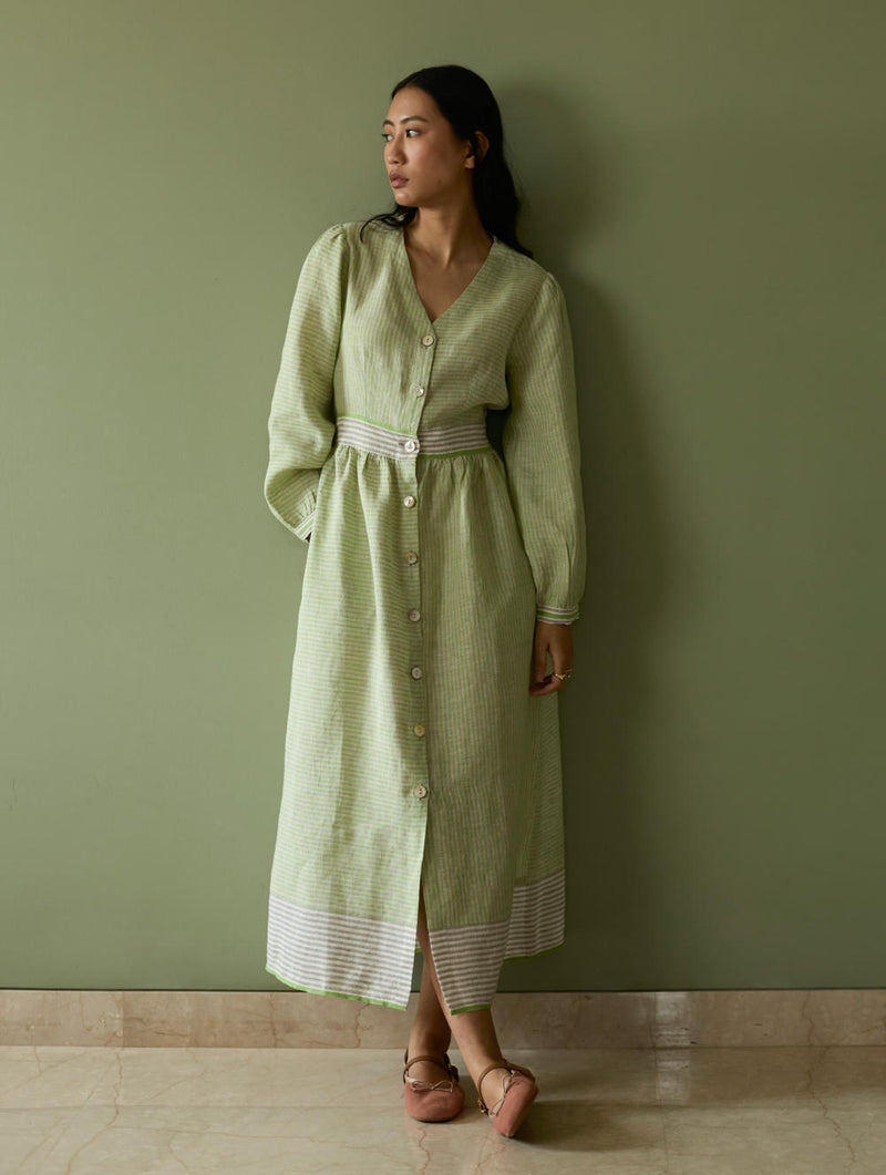 Liana Stripe Linen Dress-Meadow linen by Manan in green color for women in Singapore