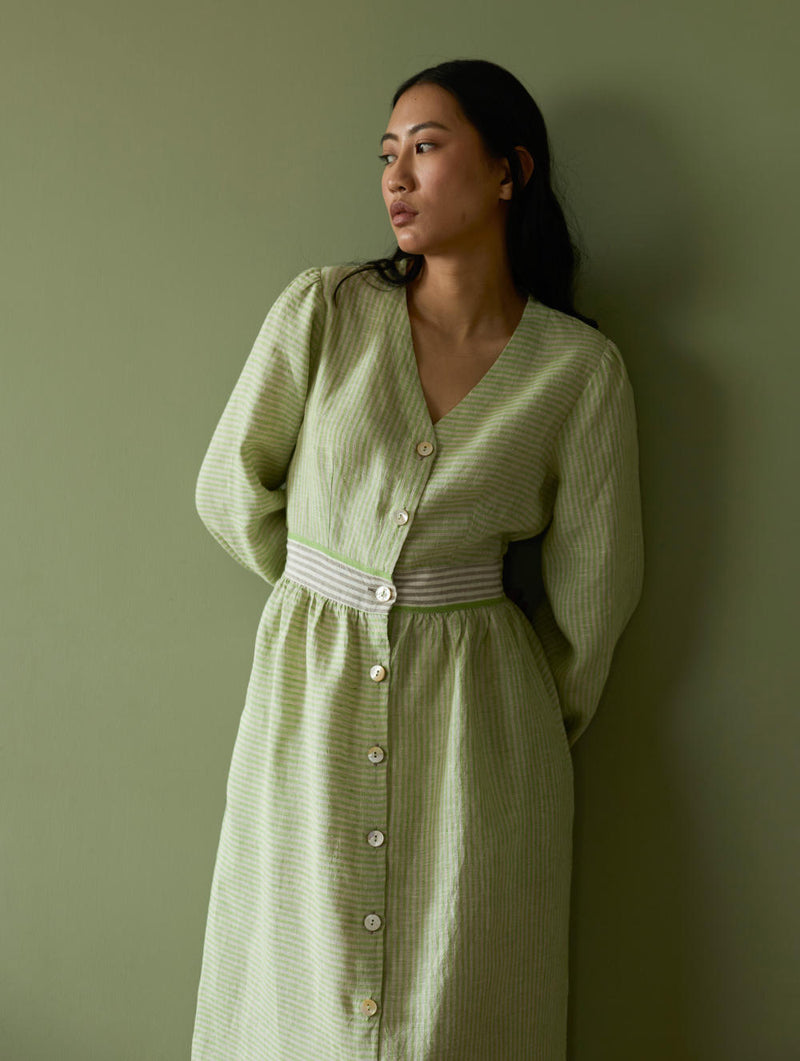 Liana Stripe Linen Dress-Meadow linen by Manan in green color for women in Singapore