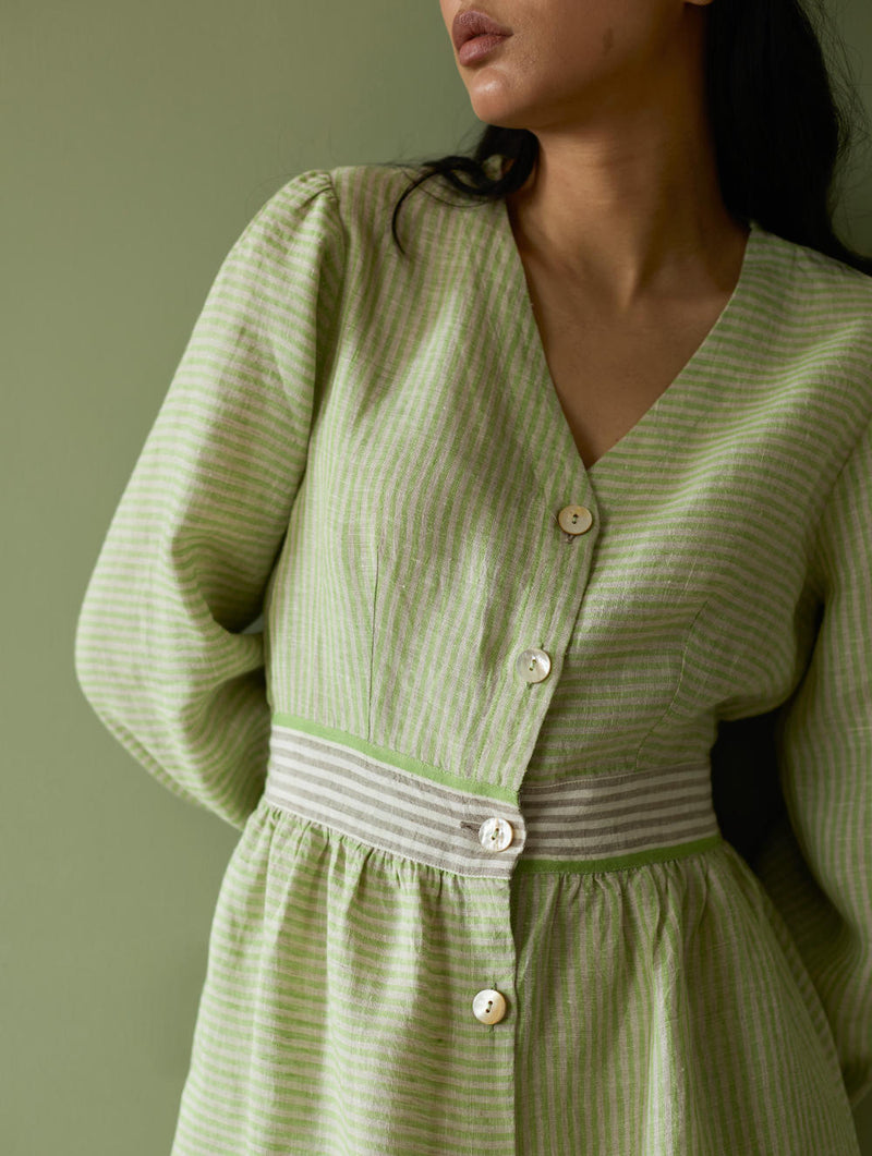 Liana Stripe Linen Dress-Meadow linen by Manan in green color for women in Singapore