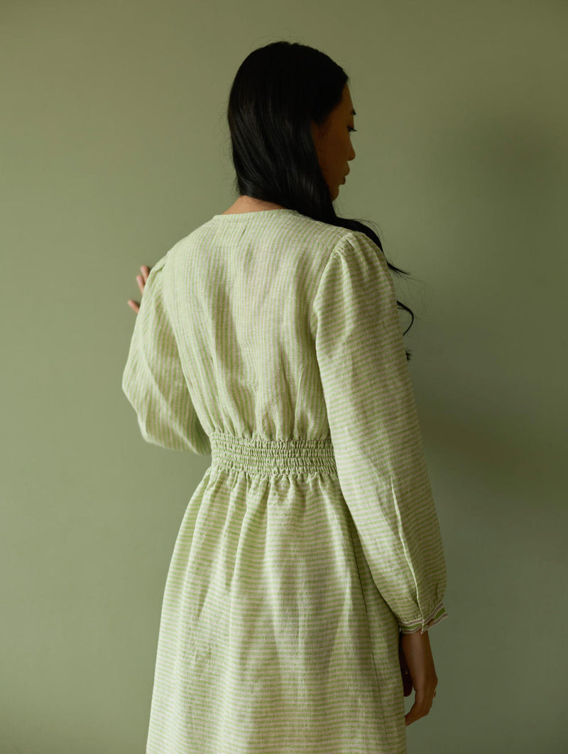 Liana Stripe Linen Dress-Meadow linen by Manan in green color for women in Singapore