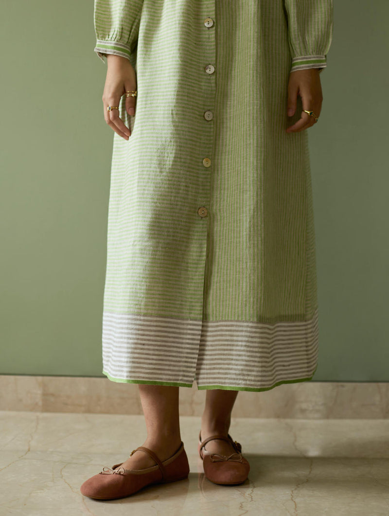 Liana Stripe Linen Dress-Meadow linen by Manan in green color for women in Singapore