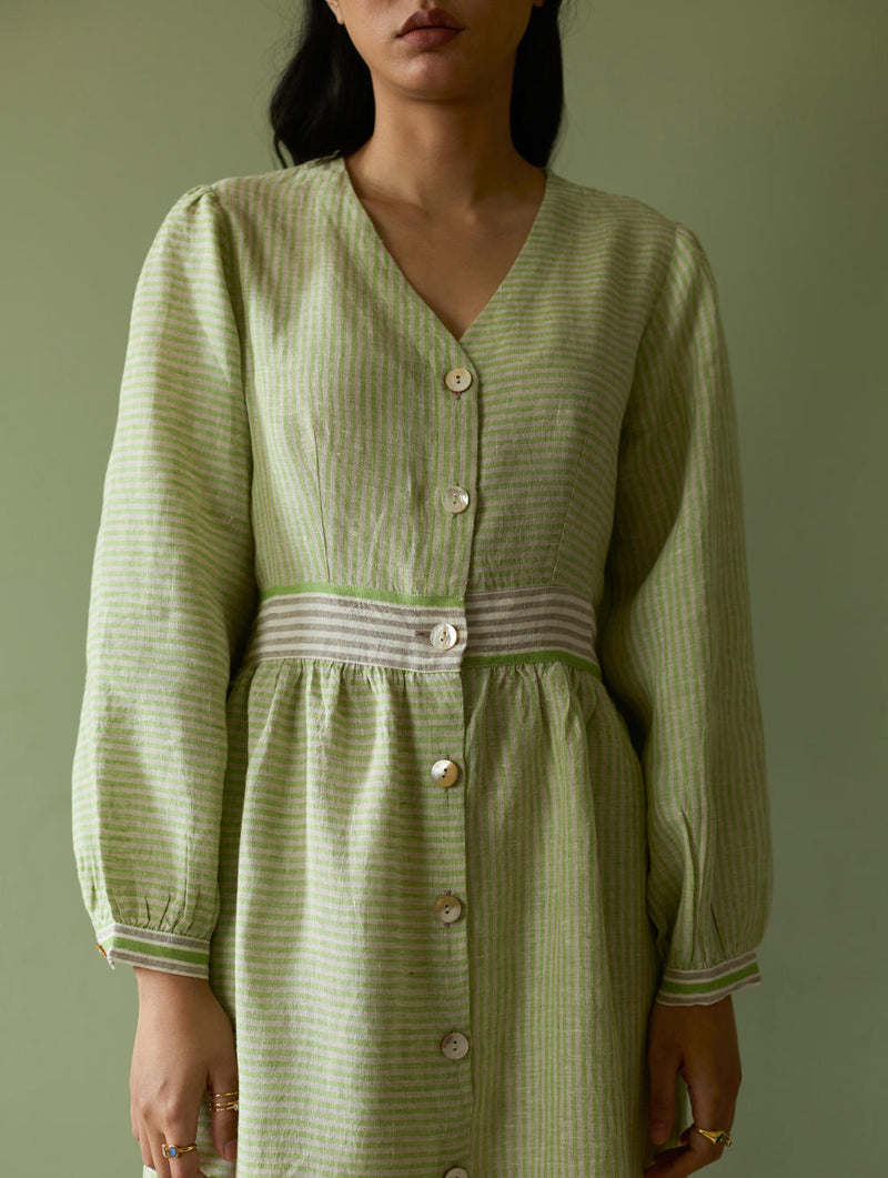 Liana Stripe Linen Dress-Meadow linen by Manan in green color for women in Singapore