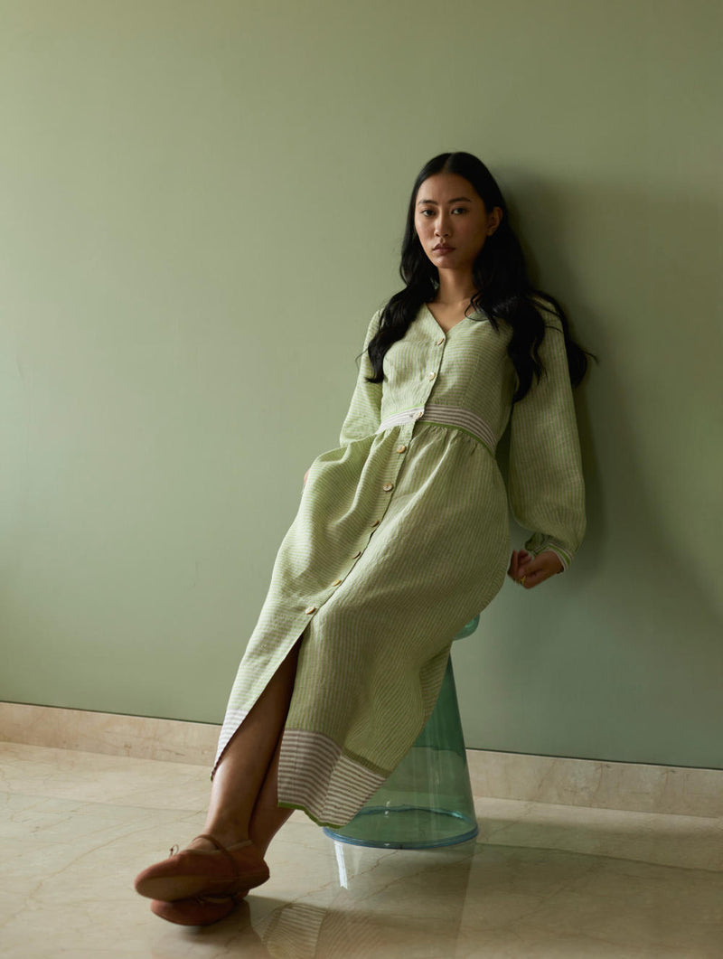 Liana Stripe Linen Dress-Meadow linen by Manan in green color for women in Singapore
