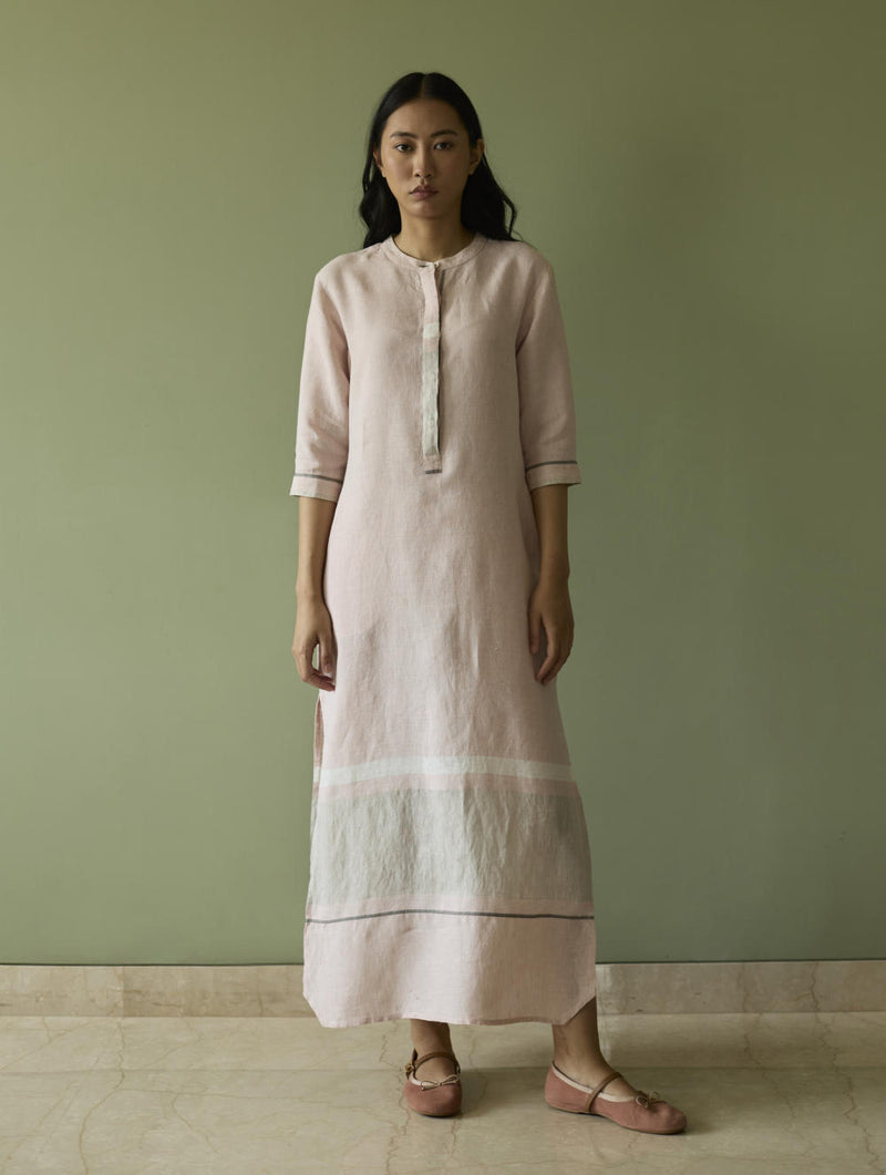 Terra Border Linen Dress-Blush linen by Manan in blush color for women in Singapore