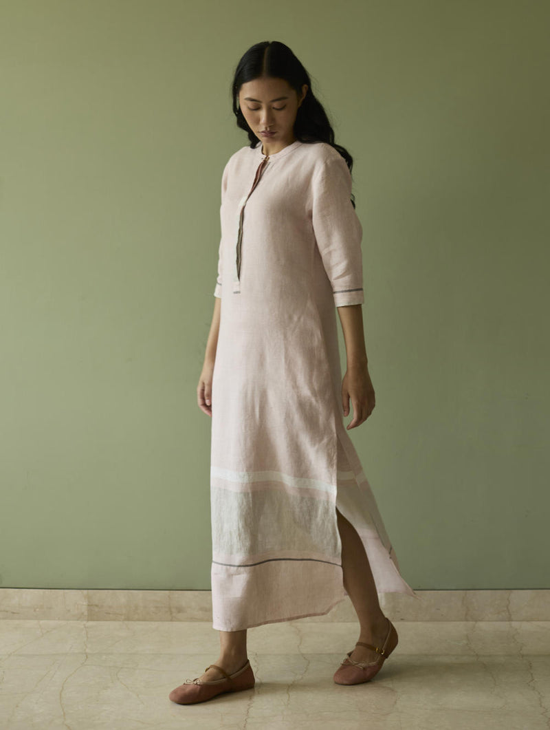 Terra Border Linen Dress-Blush linen by Manan in blush color for women in Singapore