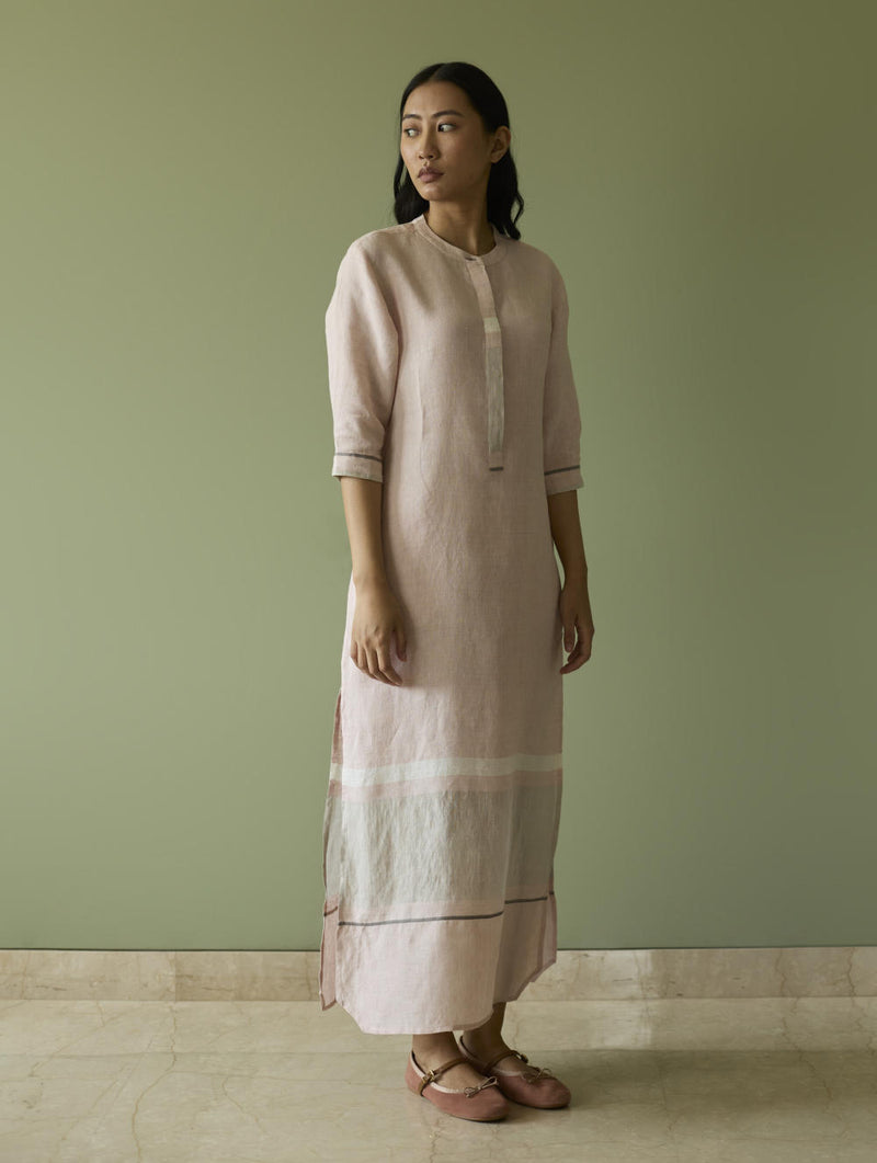 Terra Border Linen Dress-Blush linen by Manan in blush color for women in Singapore