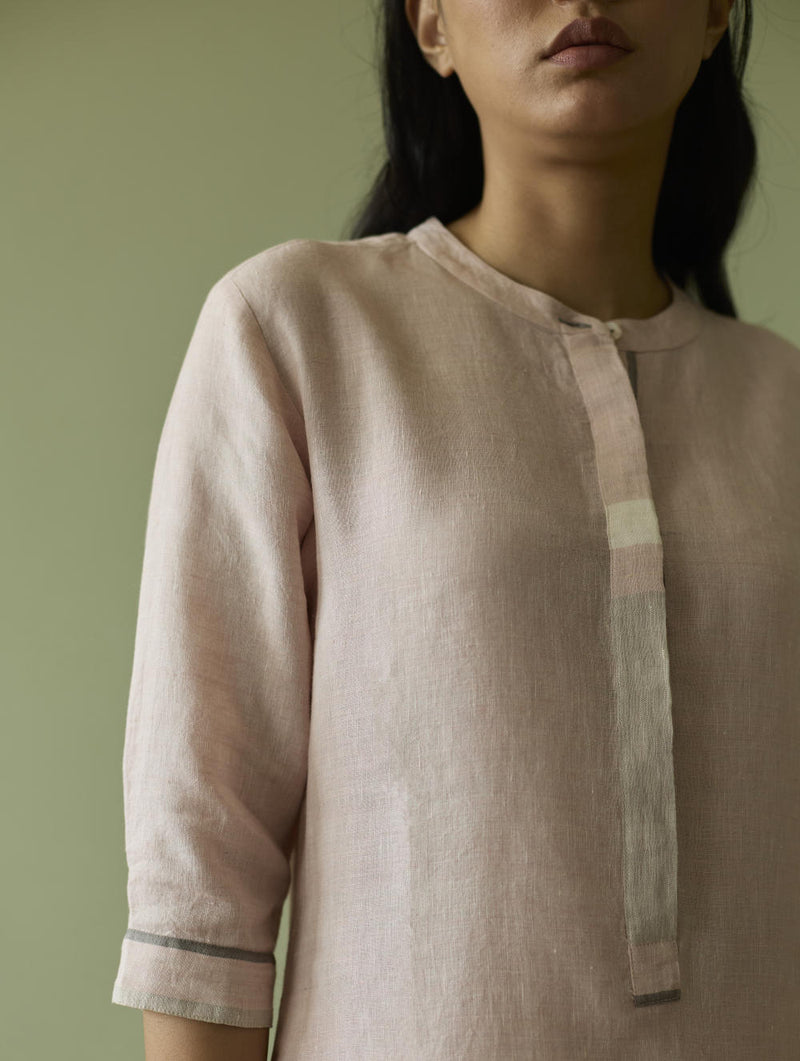Terra Border Linen Dress-Blush linen by Manan in blush color for women in Singapore
