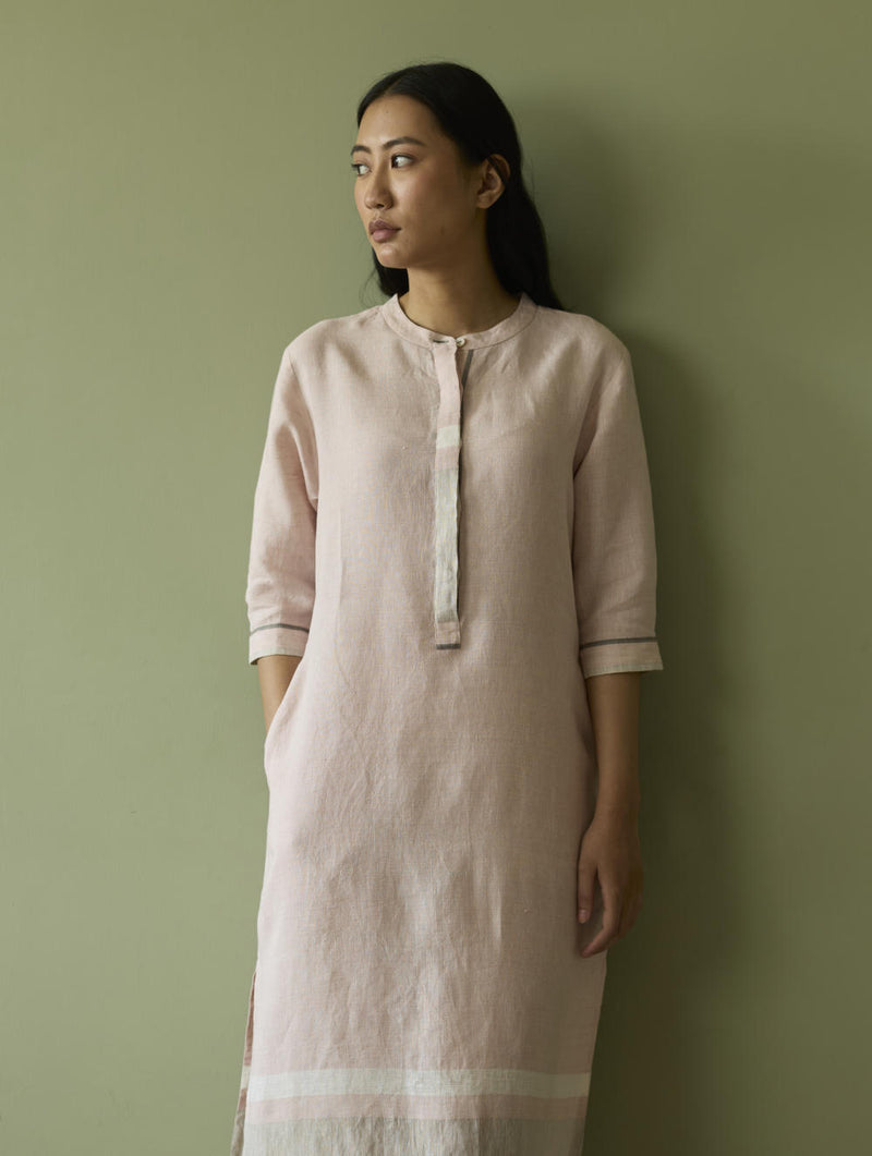 Terra Border Linen Dress-Blush linen by Manan in blush color for women in Singapore