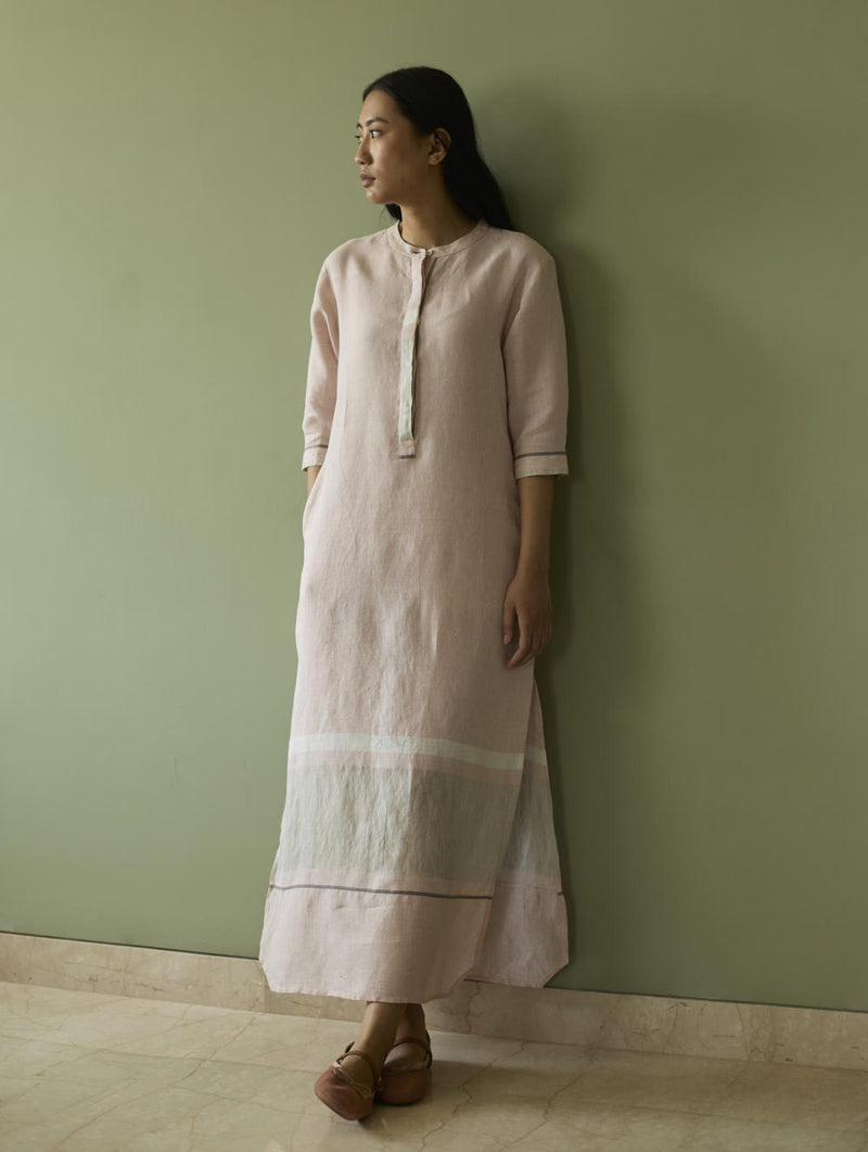Terra Border Linen Dress-Blush linen by Manan in blush color for women in Singapore