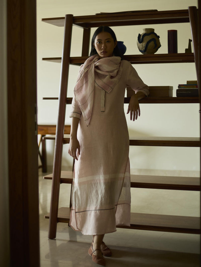 Terra Border Linen Dress-Blush linen by Manan in blush color for women in Singapore
