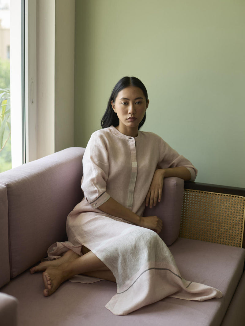 Terra Border Linen Dress-Blush linen by Manan in blush color for women in Singapore