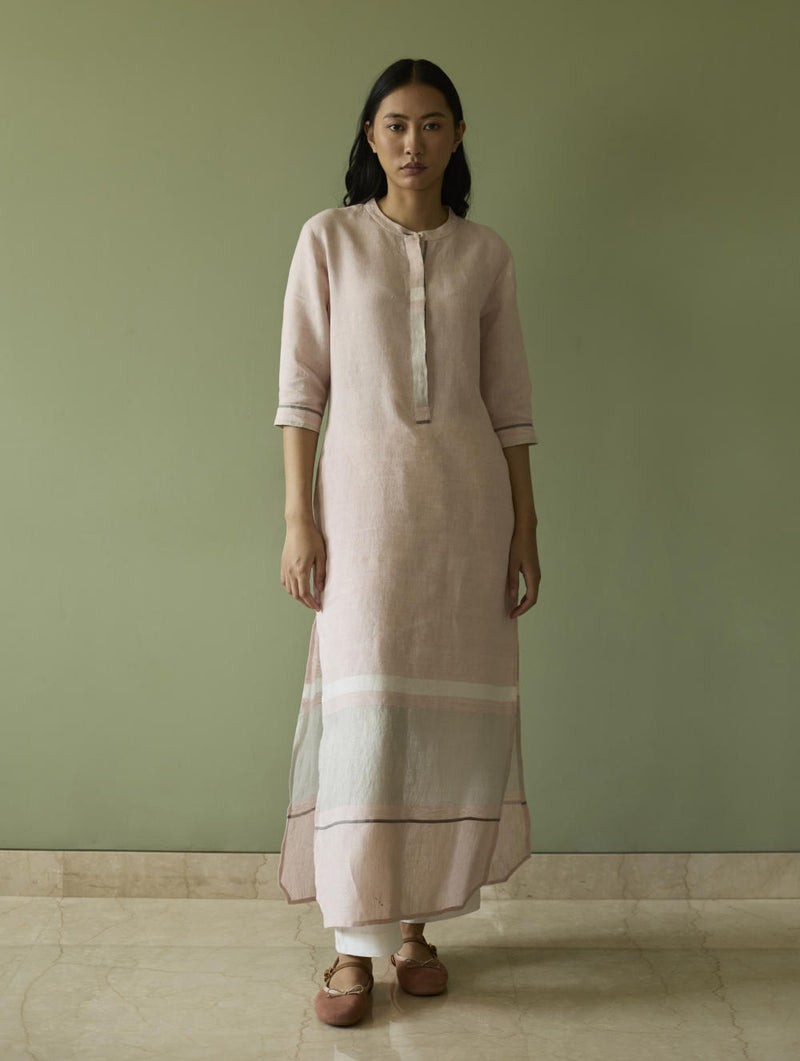 Terra Border Linen Dress-Blush linen by Manan in blush color for women in Singapore
