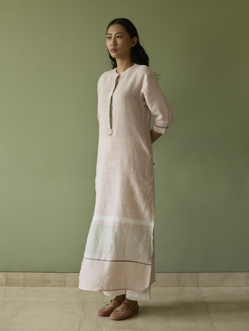 Terra Border Linen Dress-Blush linen by Manan in blush color for women in Singapore