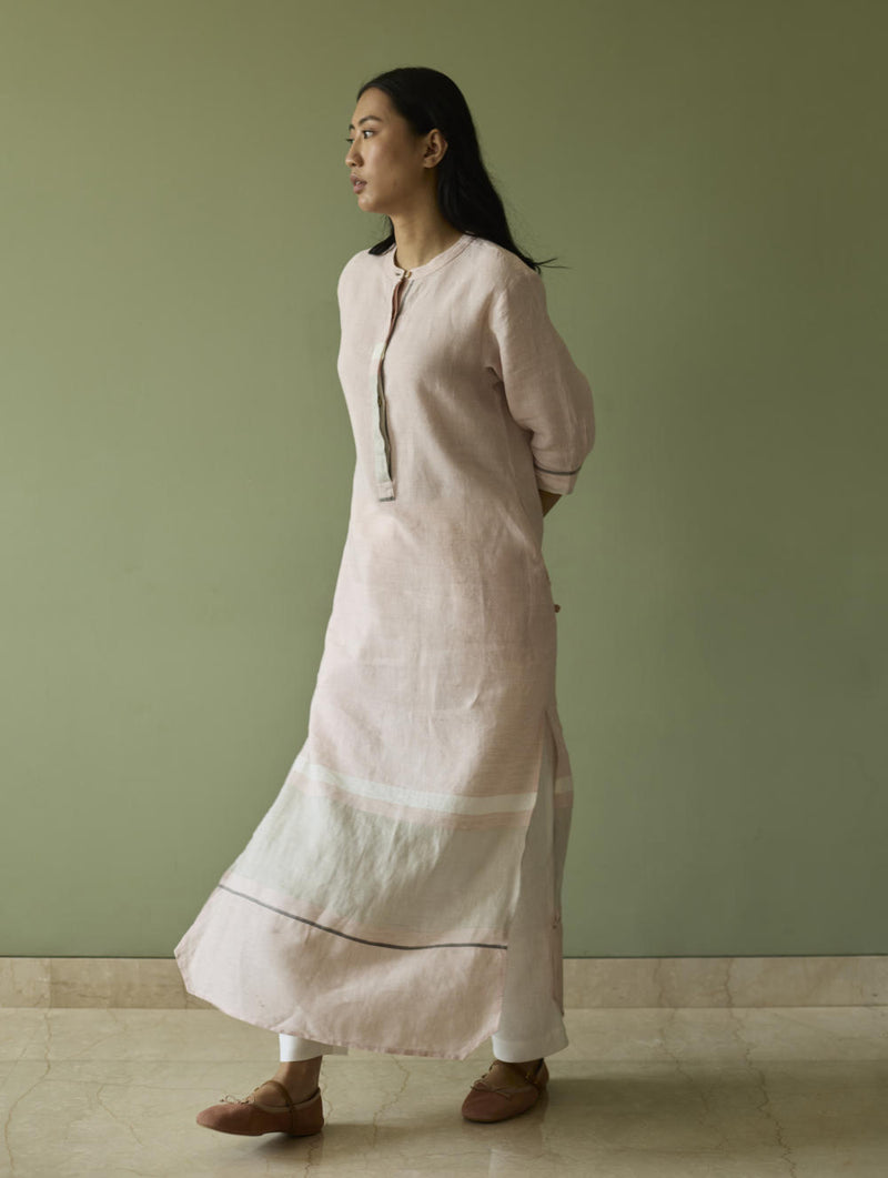 Terra Border Linen Dress-Blush linen by Manan in blush color for women in Singapore