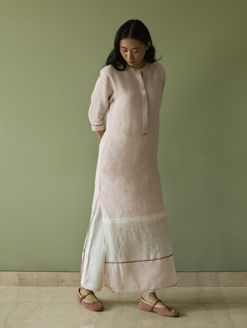 Terra Border Linen Dress-Blush linen by Manan in blush color for women in Singapore
