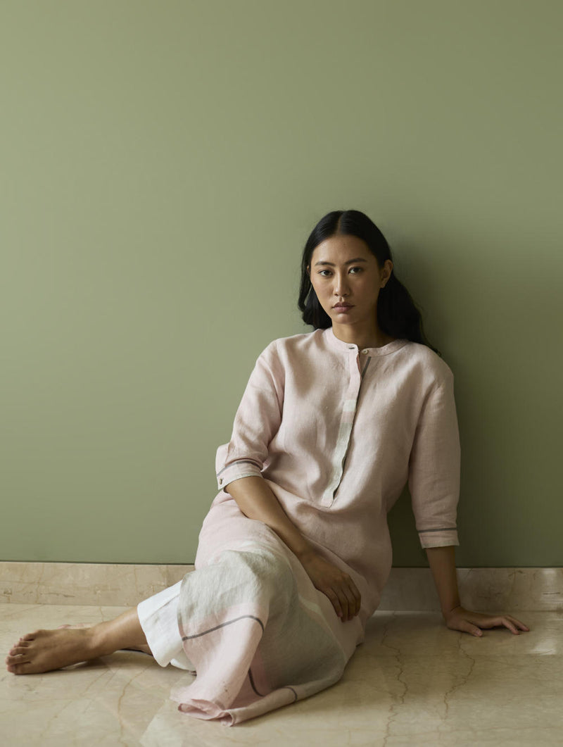 Terra Border Linen Dress-Blush linen by Manan in blush color for women in Singapore