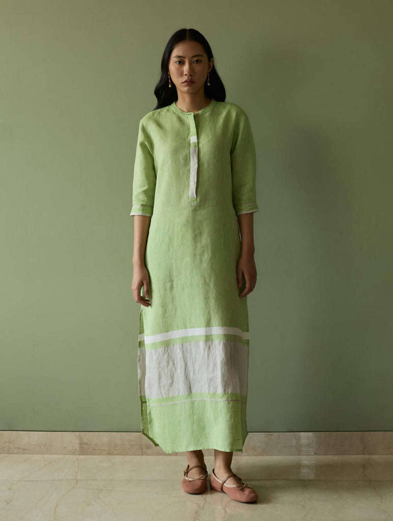 Terra Border Linen Dress-Meadow linen by Manan in green color for women in Singapore