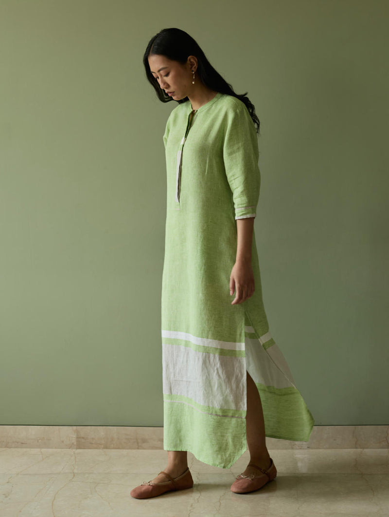 Terra Border Linen Dress-Meadow linen by Manan in green color for women in Singapore