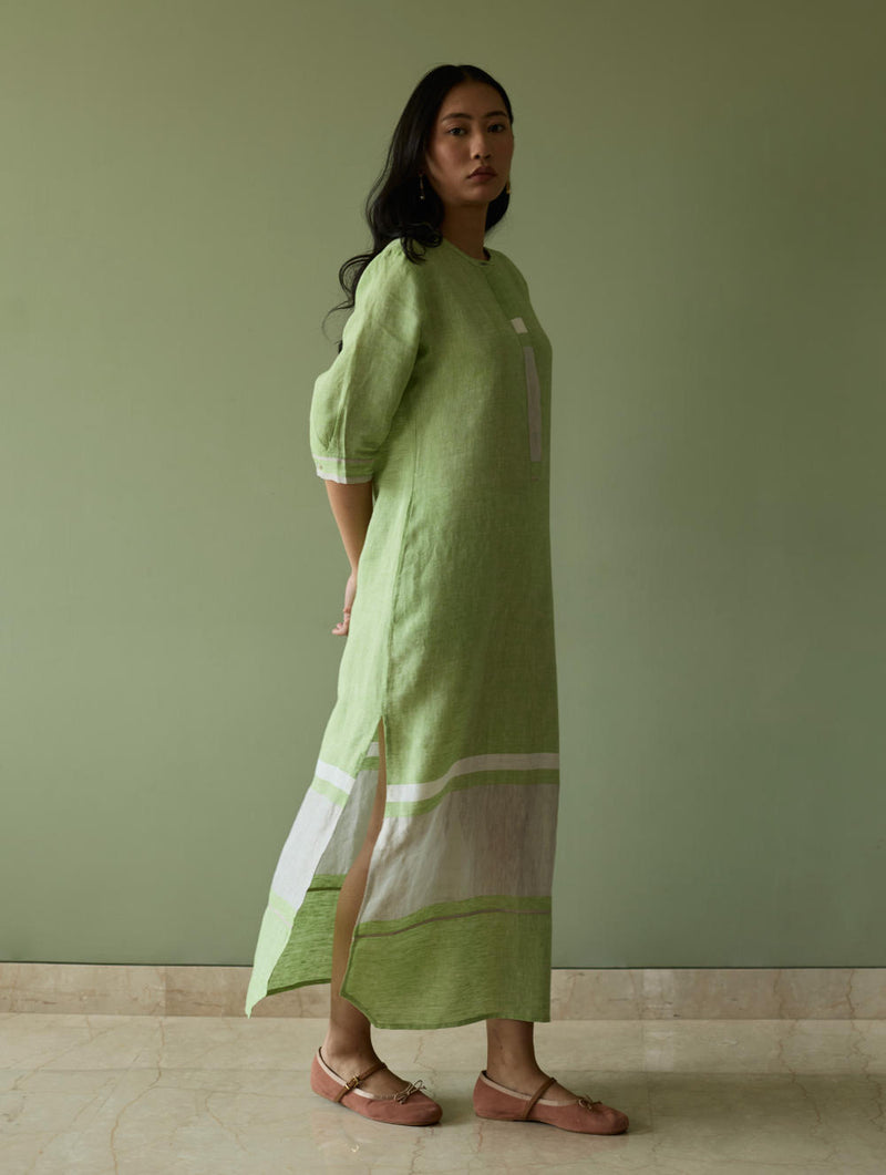 Terra Border Linen Dress-Meadow linen by Manan in green color for women in Singapore