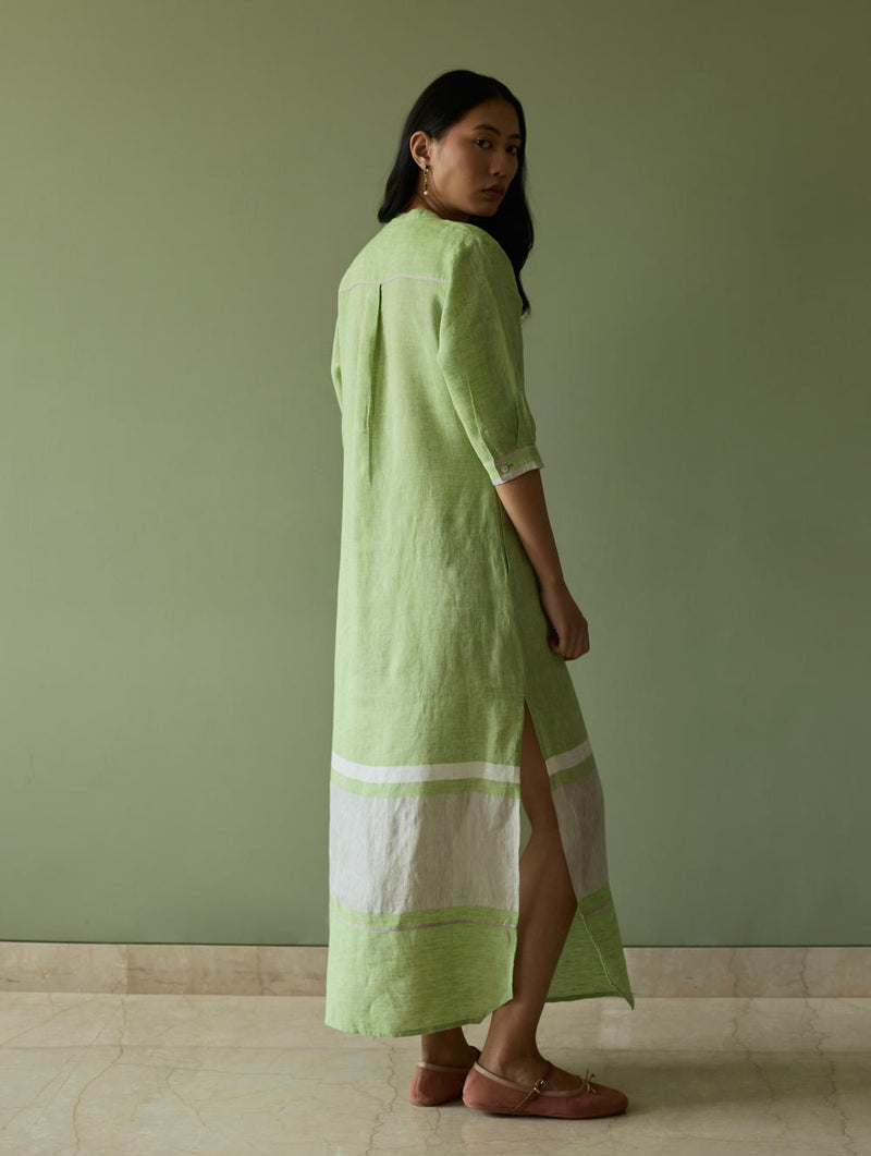 Terra Border Linen Dress-Meadow linen by Manan in green color for women in Singapore