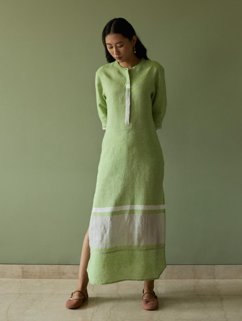 Terra Border Linen Dress-Meadow linen by Manan in green color for women in Singapore