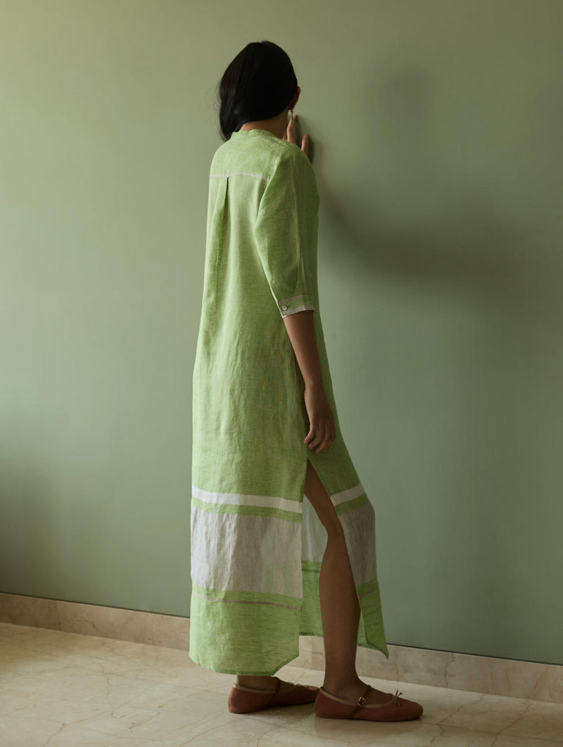 Terra Border Linen Dress-Meadow linen by Manan in green color for women in Singapore