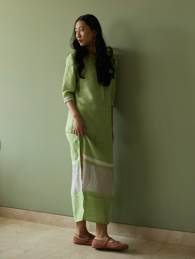 Terra Border Linen Dress-Meadow linen by Manan in green color for women in Singapore